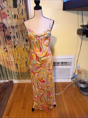 Astr Satin Maxi Slip Dress in Pink, Yellow & Green Leaf Print